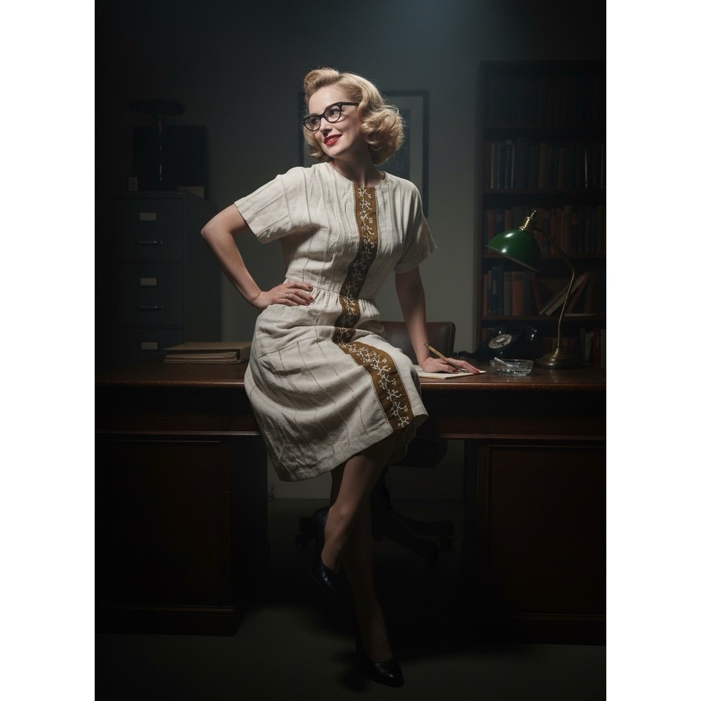 Vintage 50's 100% Linen Carlye Dress 10 Beige Conmar Zipper Movie Set Broadway